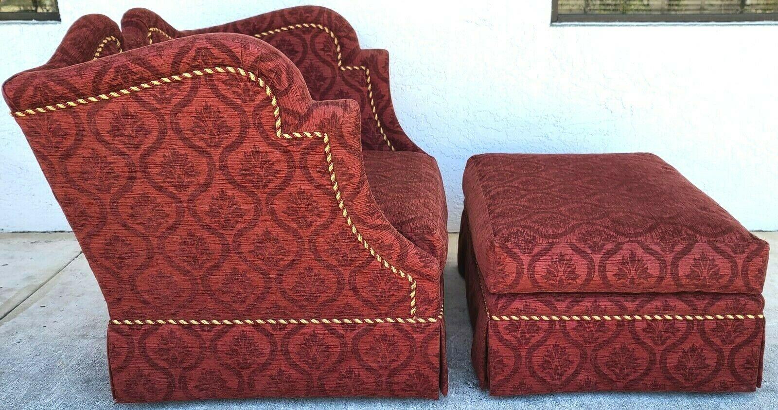 Offering one of our recent Palm Beach estate fine furniture acquisitions of an
oversized Marge Carson wingback chair with rolling ottoman.
And coordinated braided piping/trim.

Approximate measurements in inches
Chair:
38.5