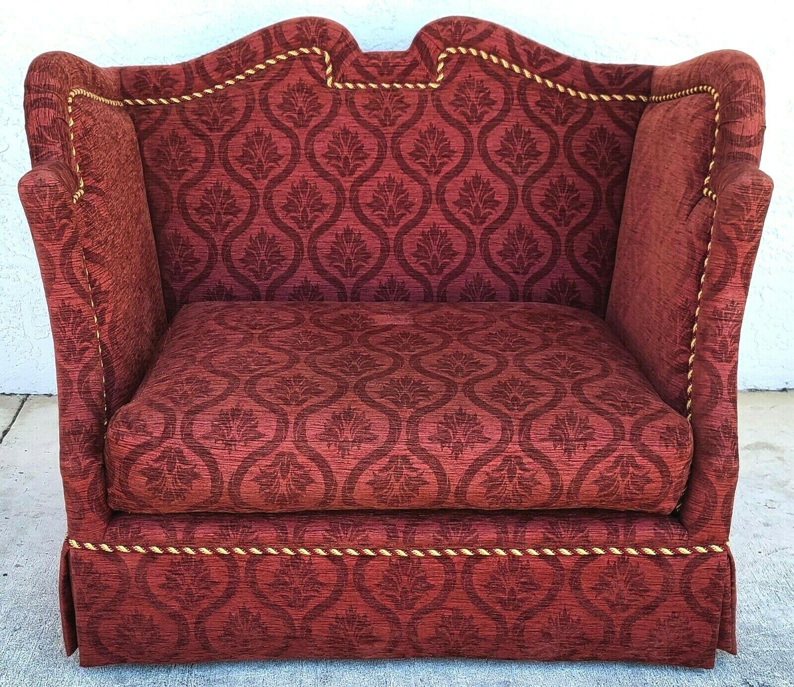 French Provincial Oversized Marge Carson Damask Wingback Chair Sette with Rolling Ottoman For Sale