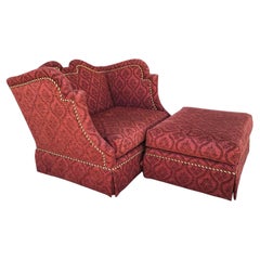Oversized Marge Carson Damask Wingback Chair Sette with Rolling Ottoman