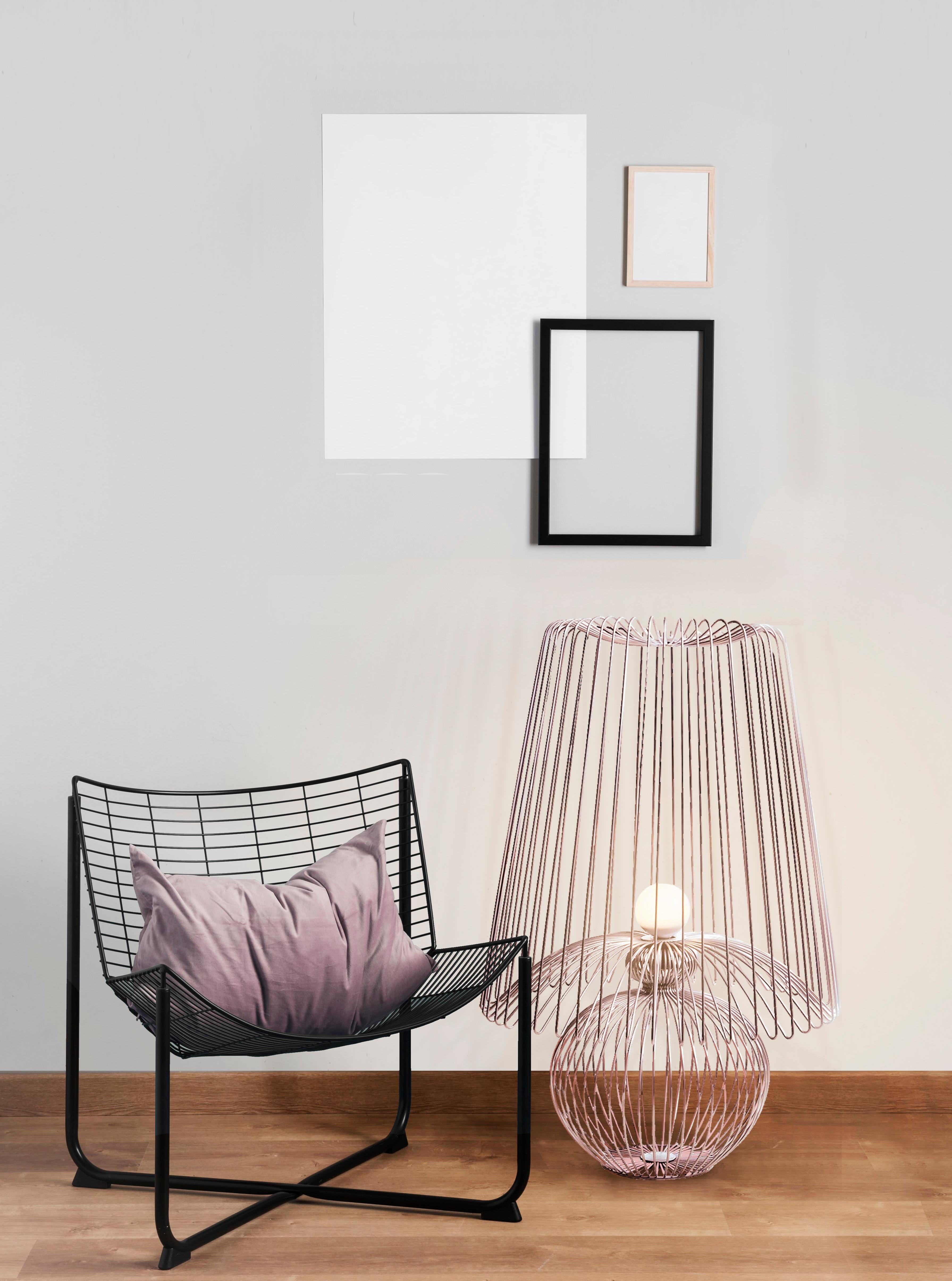 Achieving perfect harmony between light and transparency, the Koy Floor Lamp is a handmade wired piece that may either be used for lighting or as a contemporary decorative item and statement lamp. With its distinctive design derived from rounded