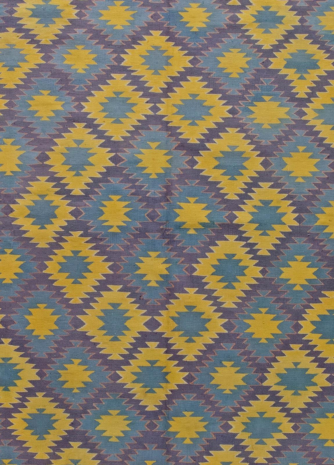 Oversized mid-20th century Indian Dhurrie blue, purple, yellow cotton rug
Size: 13'10