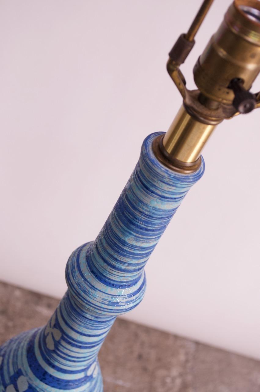 Oversized Midcentury Blue Ceramic Lamp with Floral Motif For Sale 6
