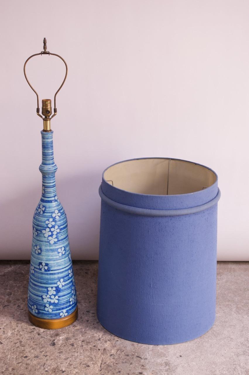 Mid-Century Modern Oversized Midcentury Blue Ceramic Lamp with Floral Motif For Sale