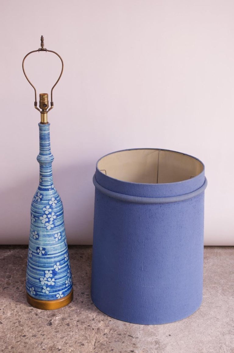 Mid-Century Modern Oversized Midcentury Blue Ceramic Lamp with Floral Motif For Sale