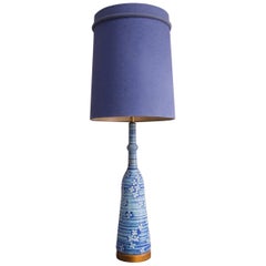 Oversized Midcentury Blue Ceramic Lamp with Floral Motif