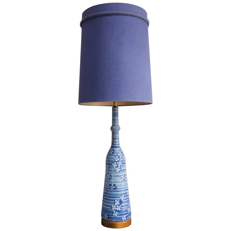 Oversized Midcentury Blue Ceramic Lamp with Floral Motif For Sale