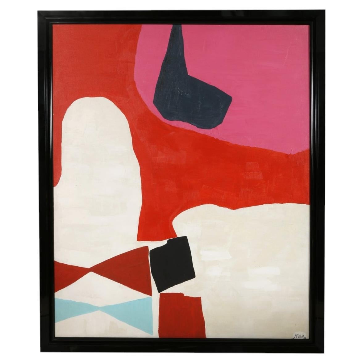 Oversized Modern Abstract Oil Painting in Red, Pink and White, Framed & Signed