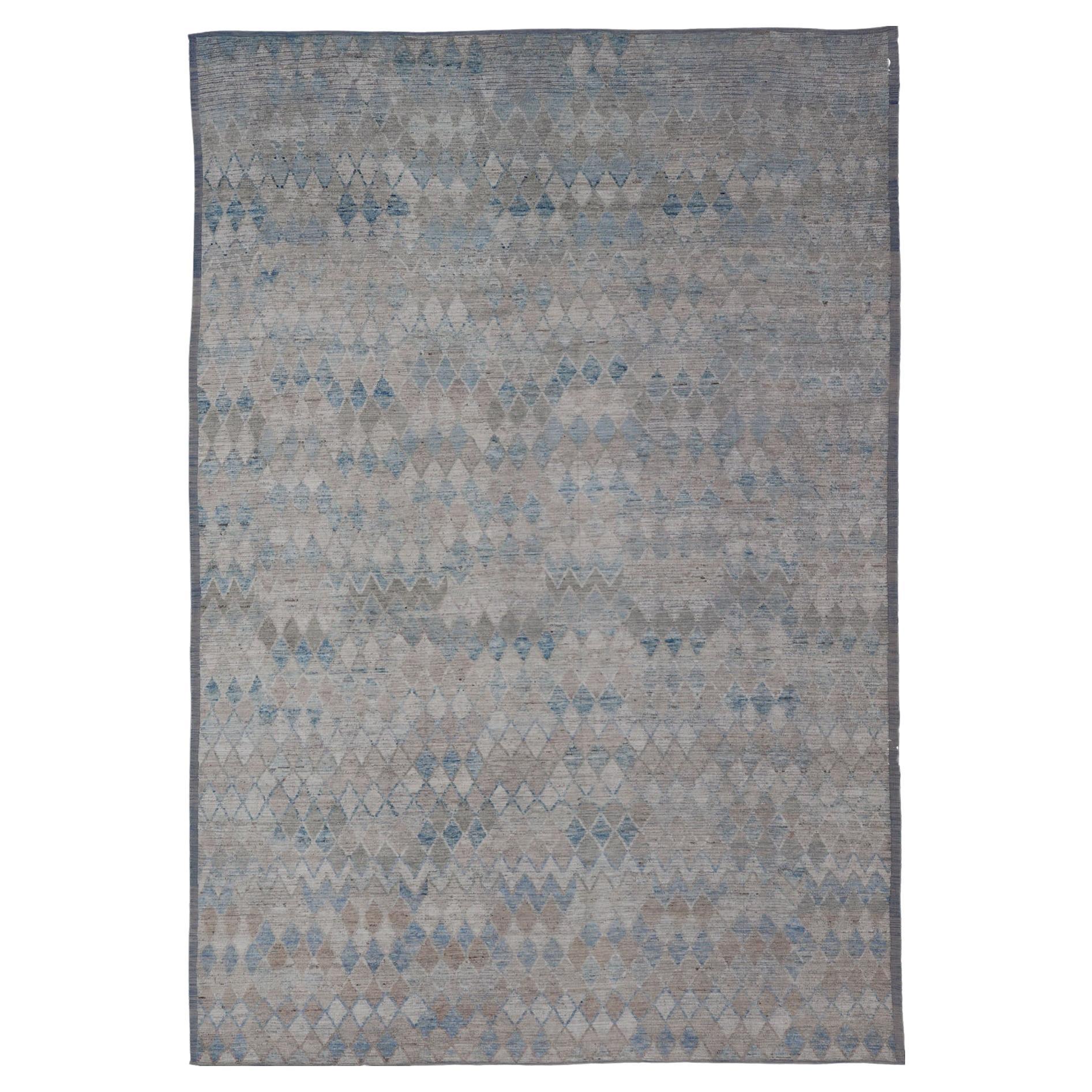 Oversized Modern Casual All-Over Diamond Design in Blue, Taupe, and Cream For Sale
