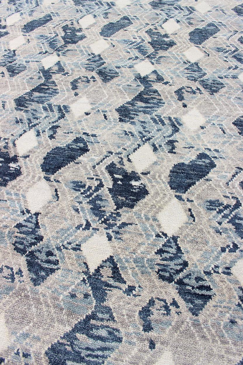 Oversized Modern Diamond Designed Indian Area Rug in Blue, Gray, and White For Sale 4