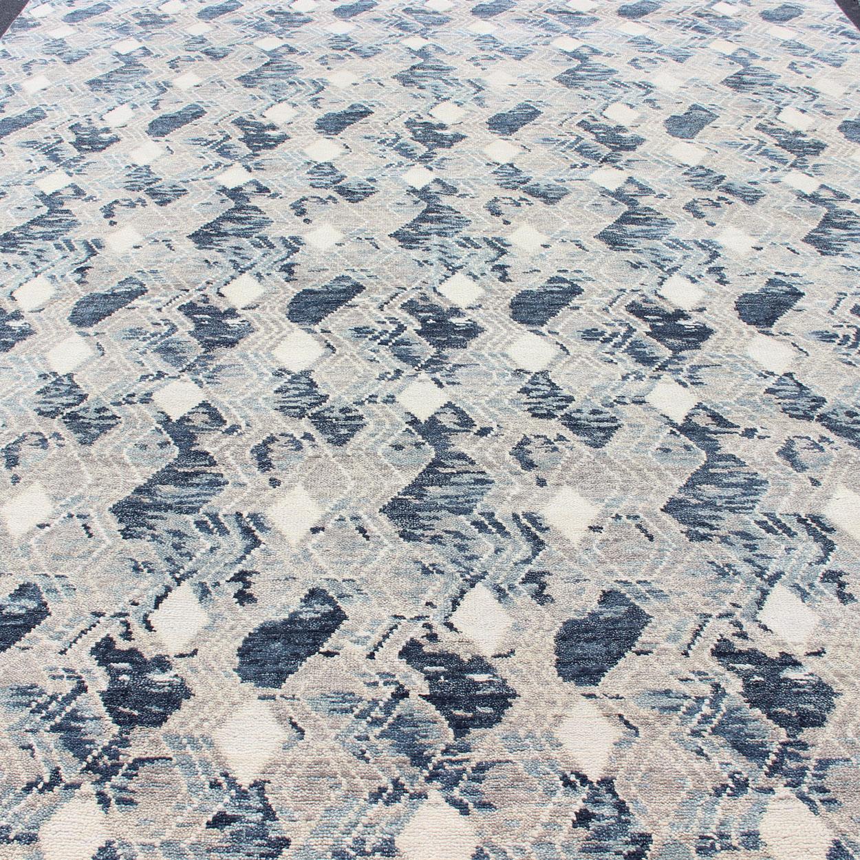 Oversized Modern Diamond Designed Indian Area Rug in Blue, Gray, and White For Sale 6