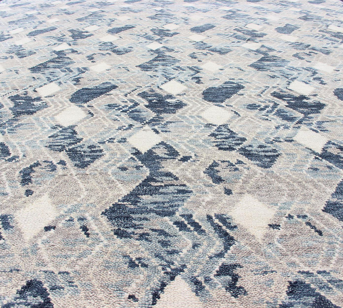 Oversized Modern Diamond Designed Indian Area Rug in Blue, Gray, and White. Country of Origin: India; Type: Modern; Design: All-Over, Abstract, Sub-Geometric, Diamond; Keivan Woven Arts: rug BDH-759039-RT-18.
Measures: 12'1 x 14'11 
This beautiful