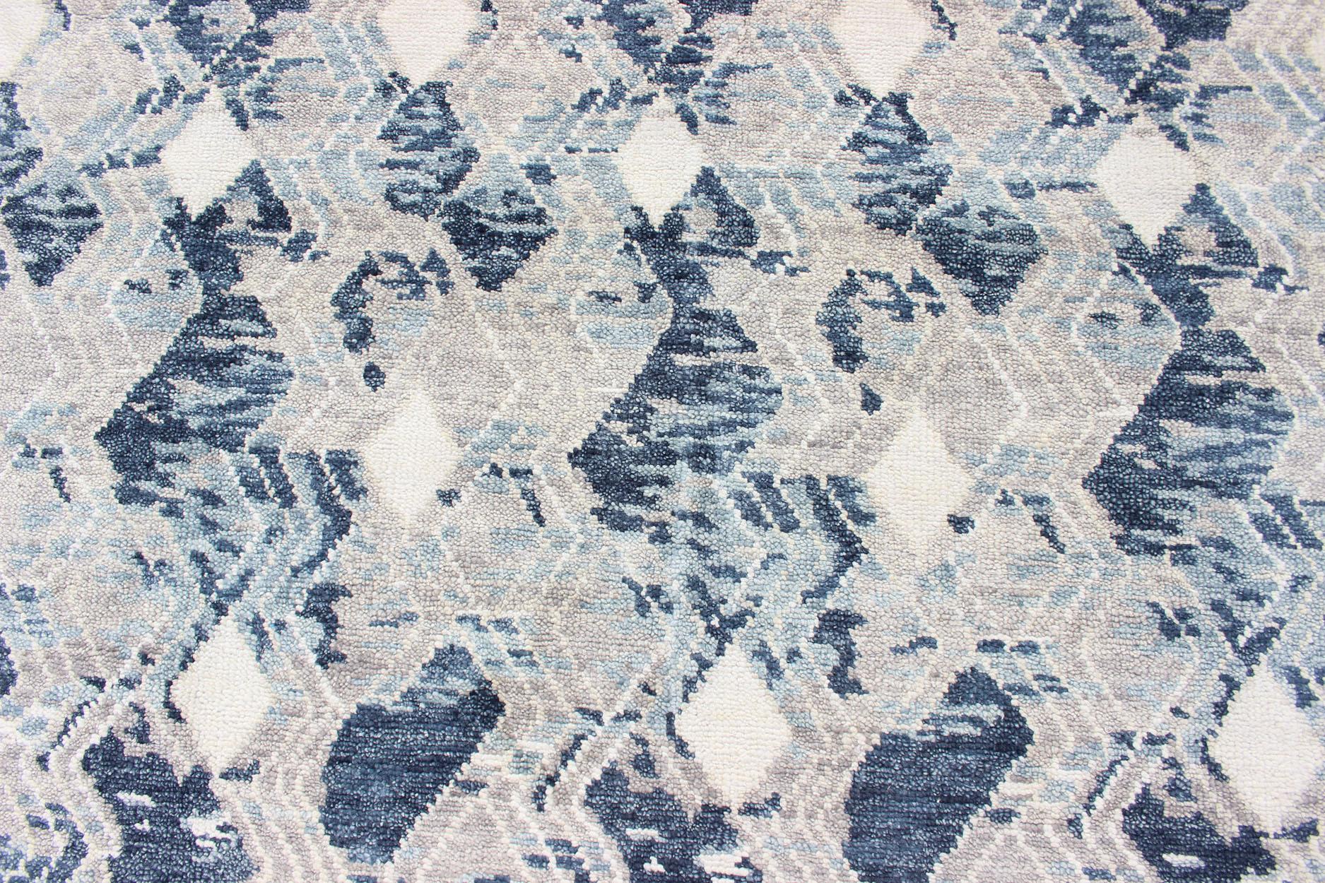 Hand-Knotted Oversized Modern Diamond Designed Indian Area Rug in Blue, Gray, and White For Sale