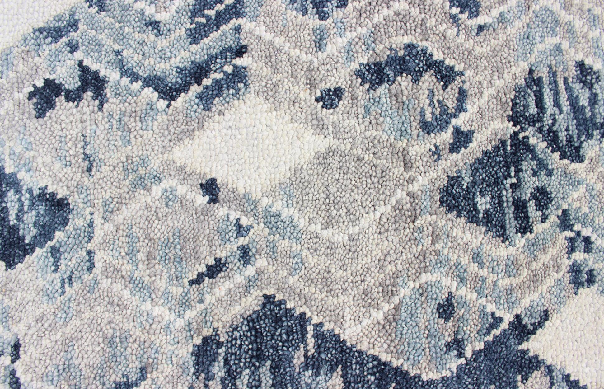 Wool Oversized Modern Diamond Designed Indian Area Rug in Blue, Gray, and White For Sale