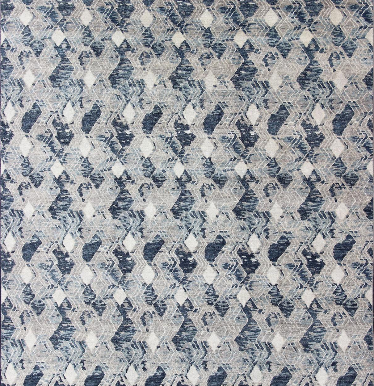 Oversized Modern Diamond Designed Indian Area Rug in Blue, Gray, and White For Sale 2