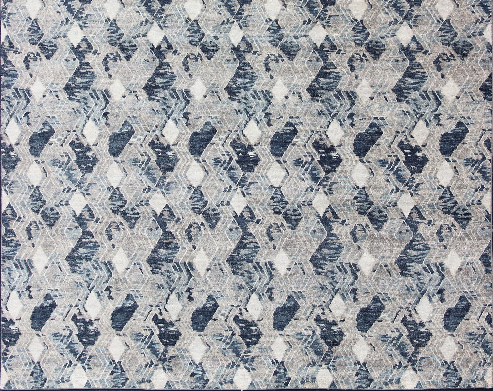 Oversized Modern Diamond Designed Indian Area Rug in Blue, Gray, and White For Sale 3