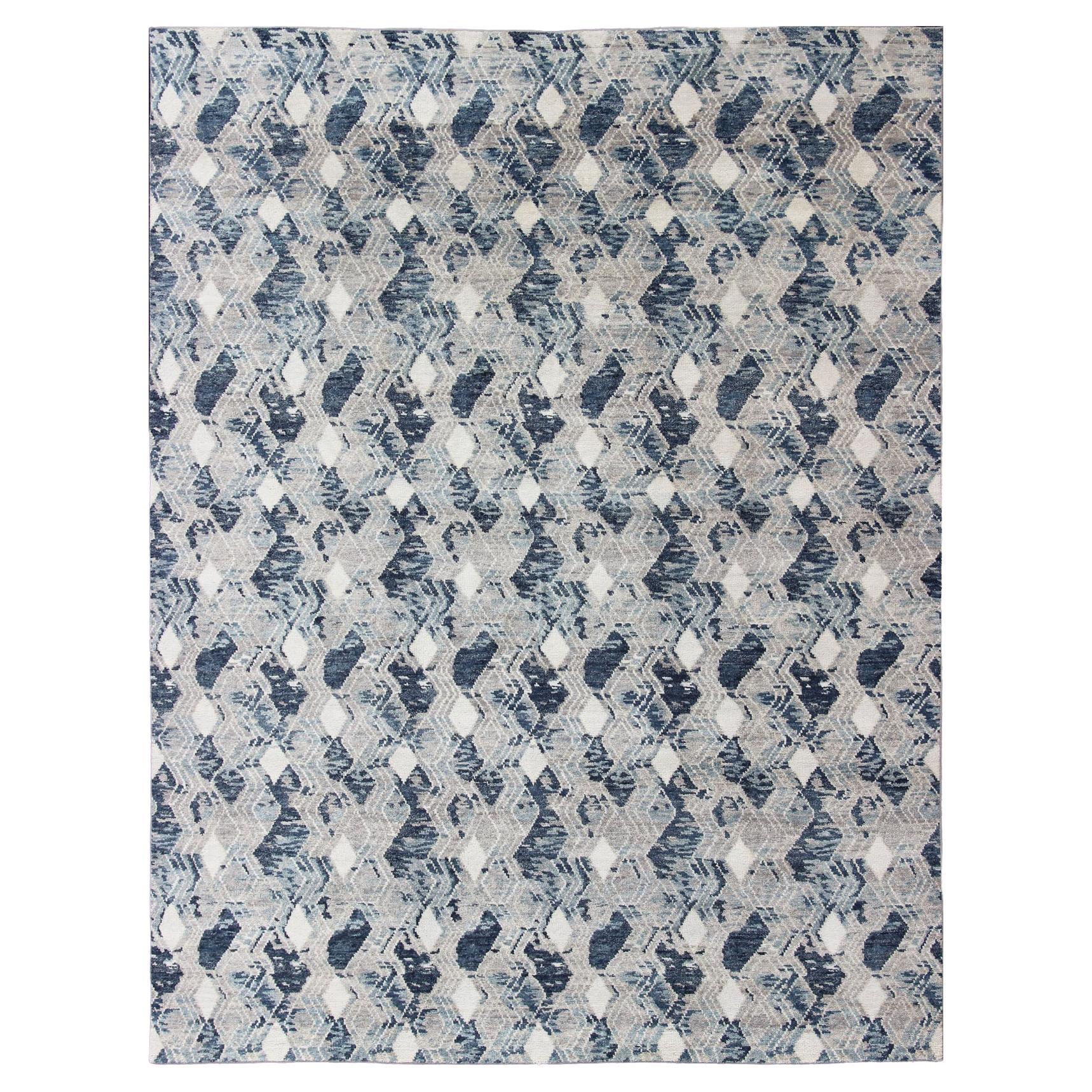 Oversized Modern Diamond Designed Indian Area Rug in Blue, Gray, and White For Sale