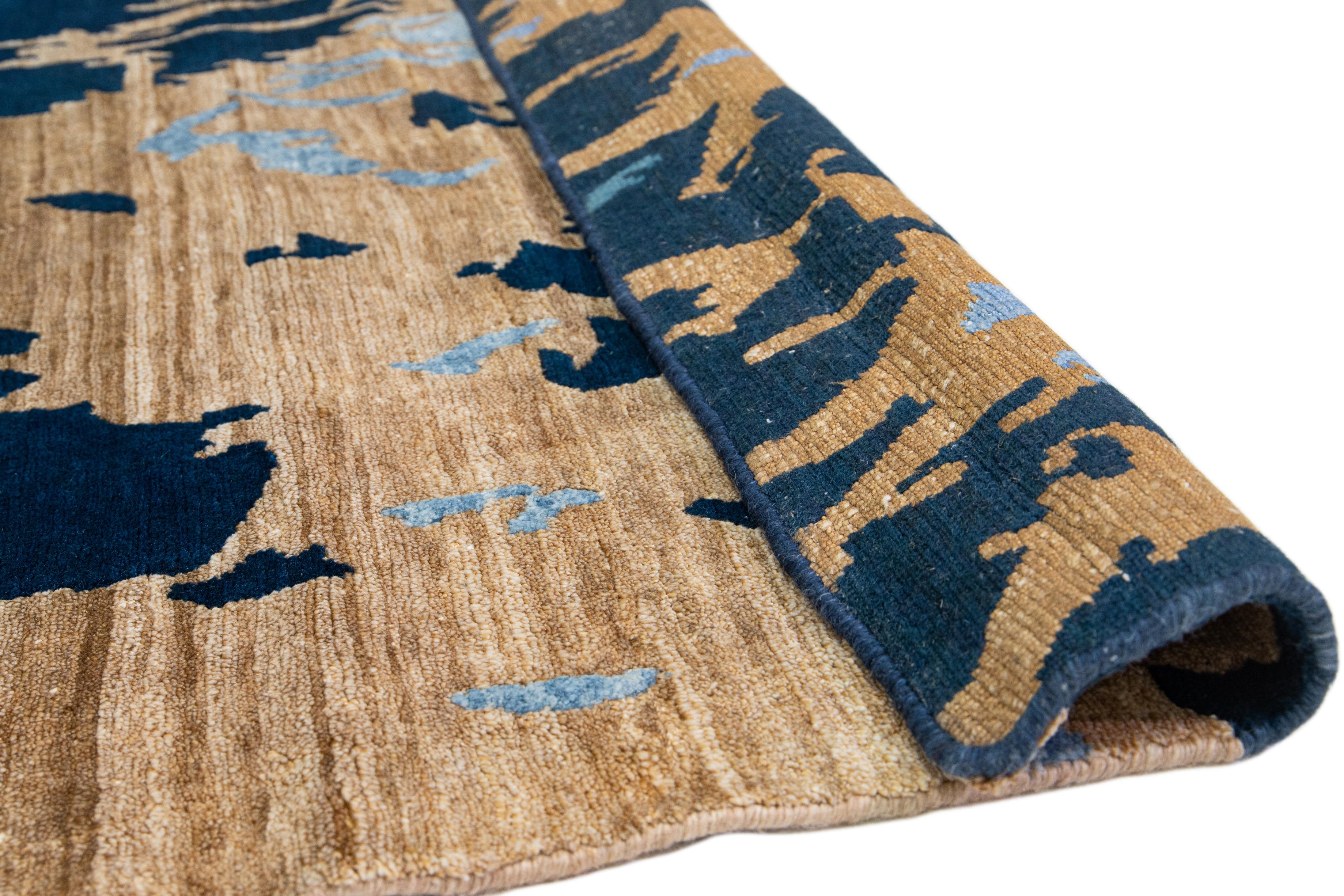 Hand-Knotted Oversized Modern Handmade Texture Wool & Silk Rug With Abstract Design In Blue For Sale