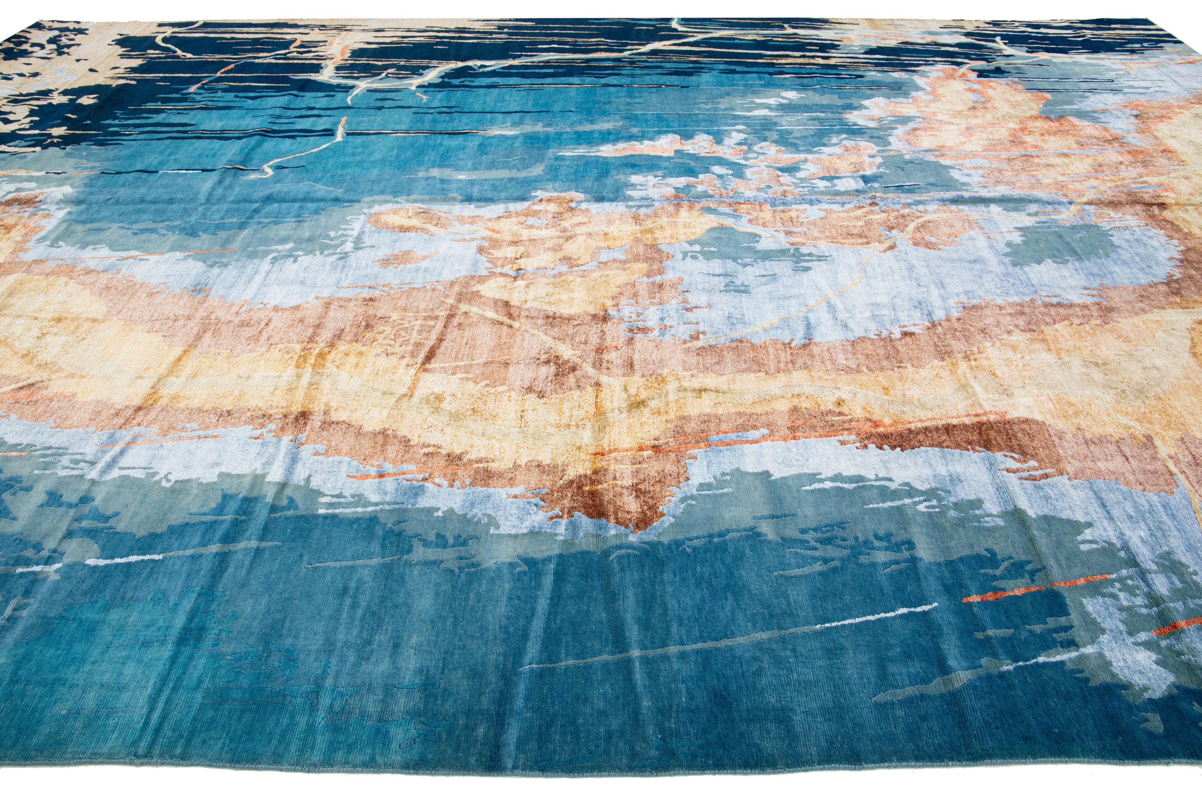 Oversized Modern Handmade Texture Wool & Silk Rug With Abstract Design In Blue In New Condition For Sale In Norwalk, CT