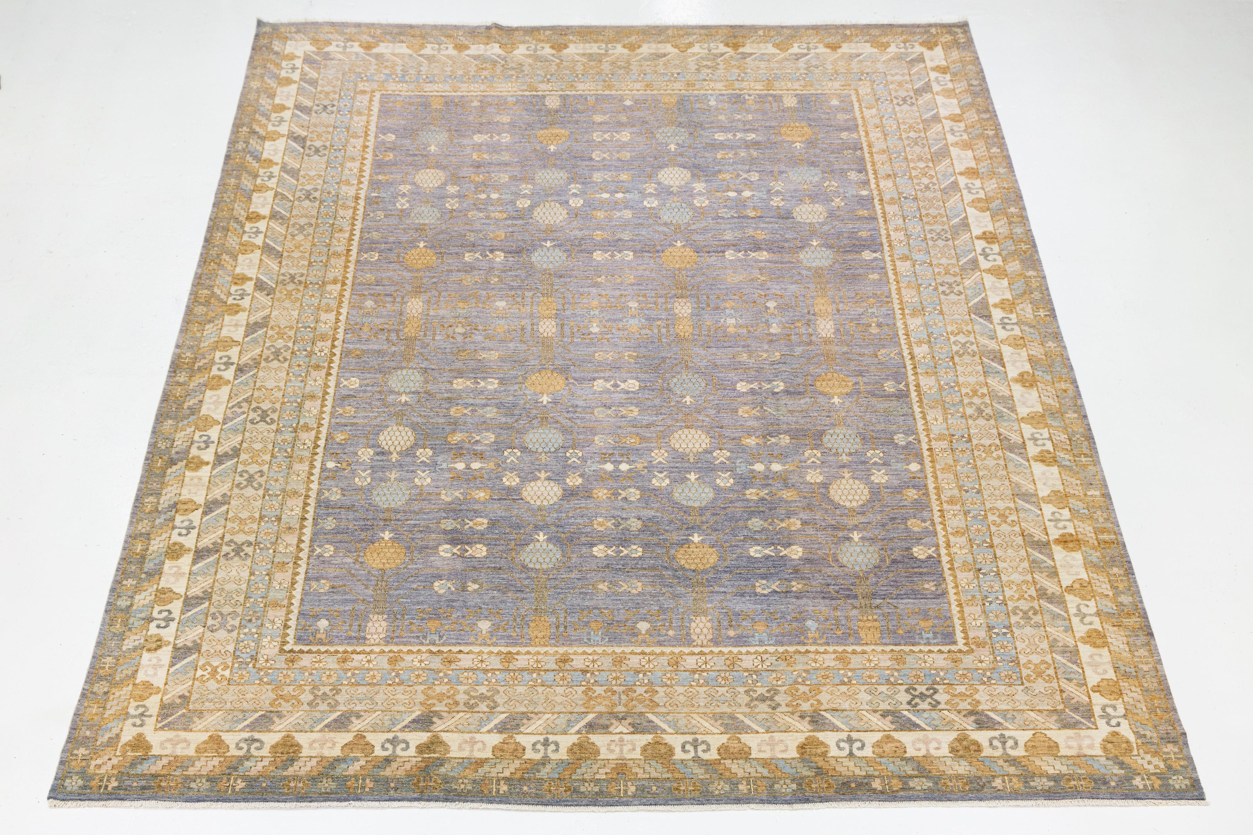 Laine Tapis moderne surdimensionné en laine fait main style Khotan en bleu en vente