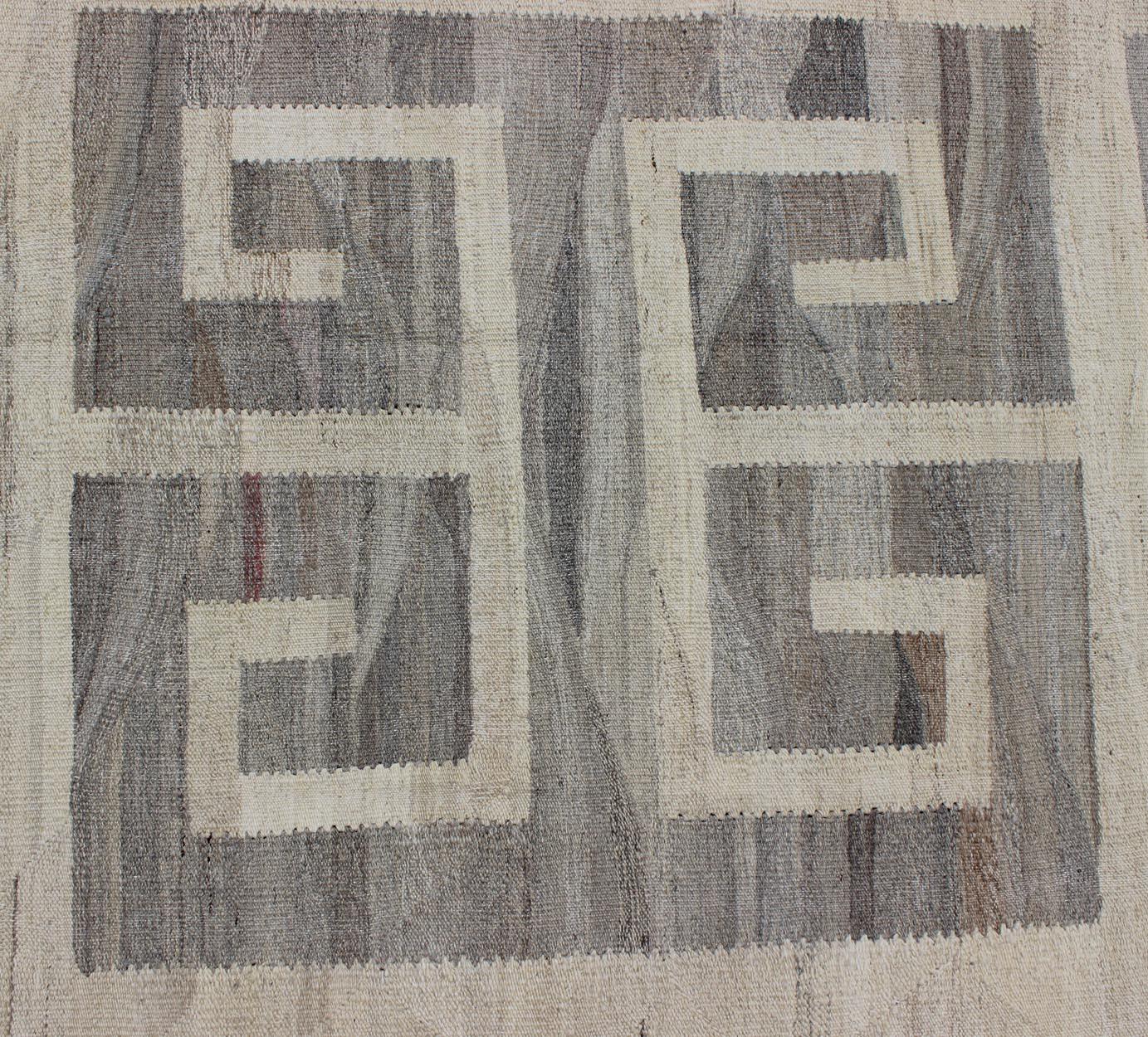 Oversized Modern Kilim with Large Scale Greek Key Design in Cream & Gray Tones For Sale 4