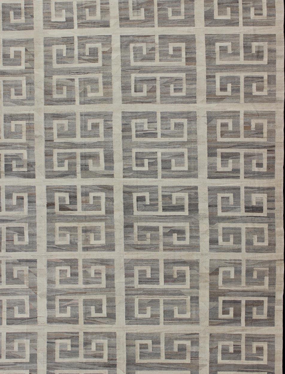Afghan Oversized Modern Kilim with Large Scale Greek Key Design in Cream & Gray Tones For Sale
