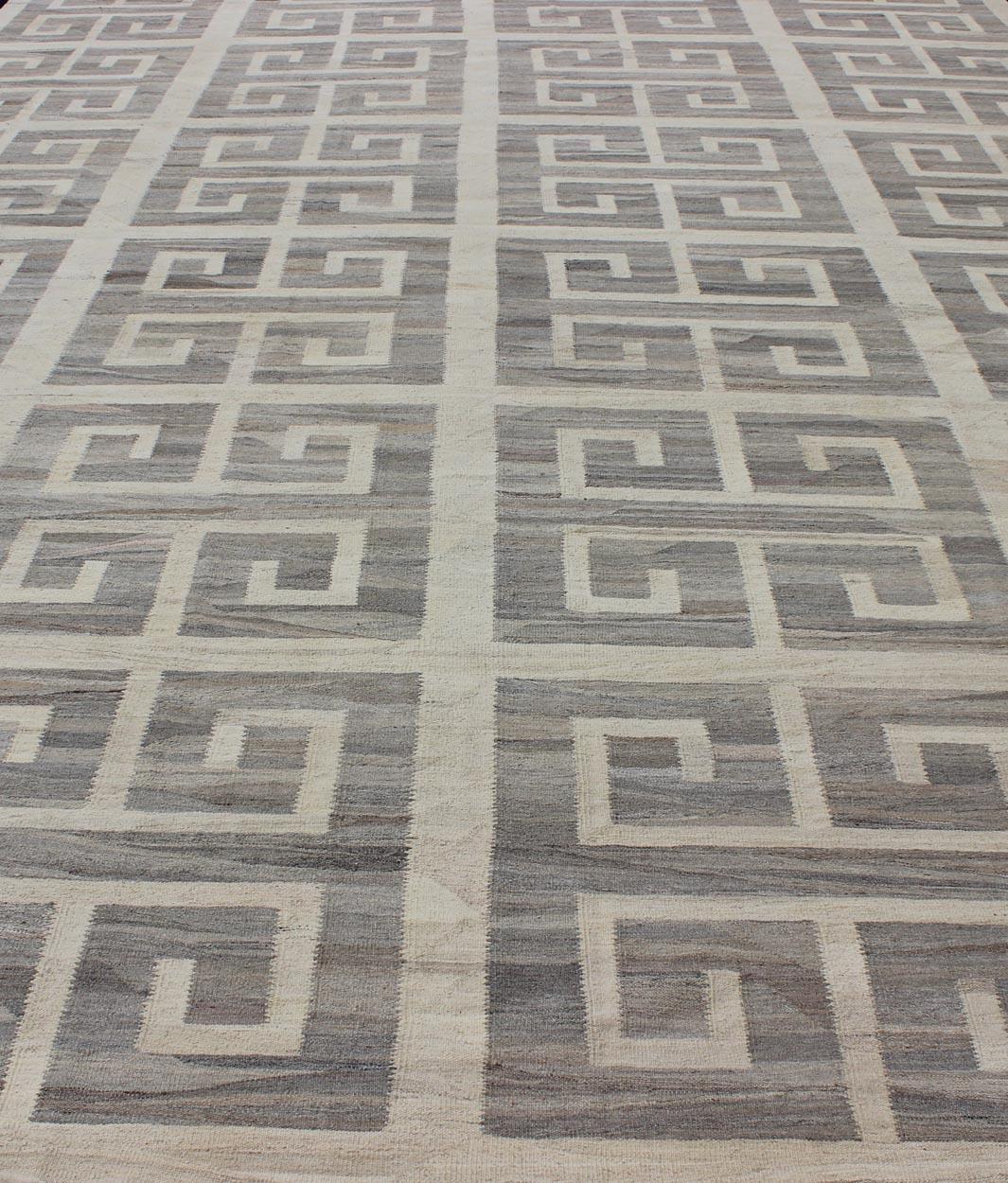 Wool Oversized Modern Kilim with Large Scale Greek Key Design in Cream & Gray Tones For Sale