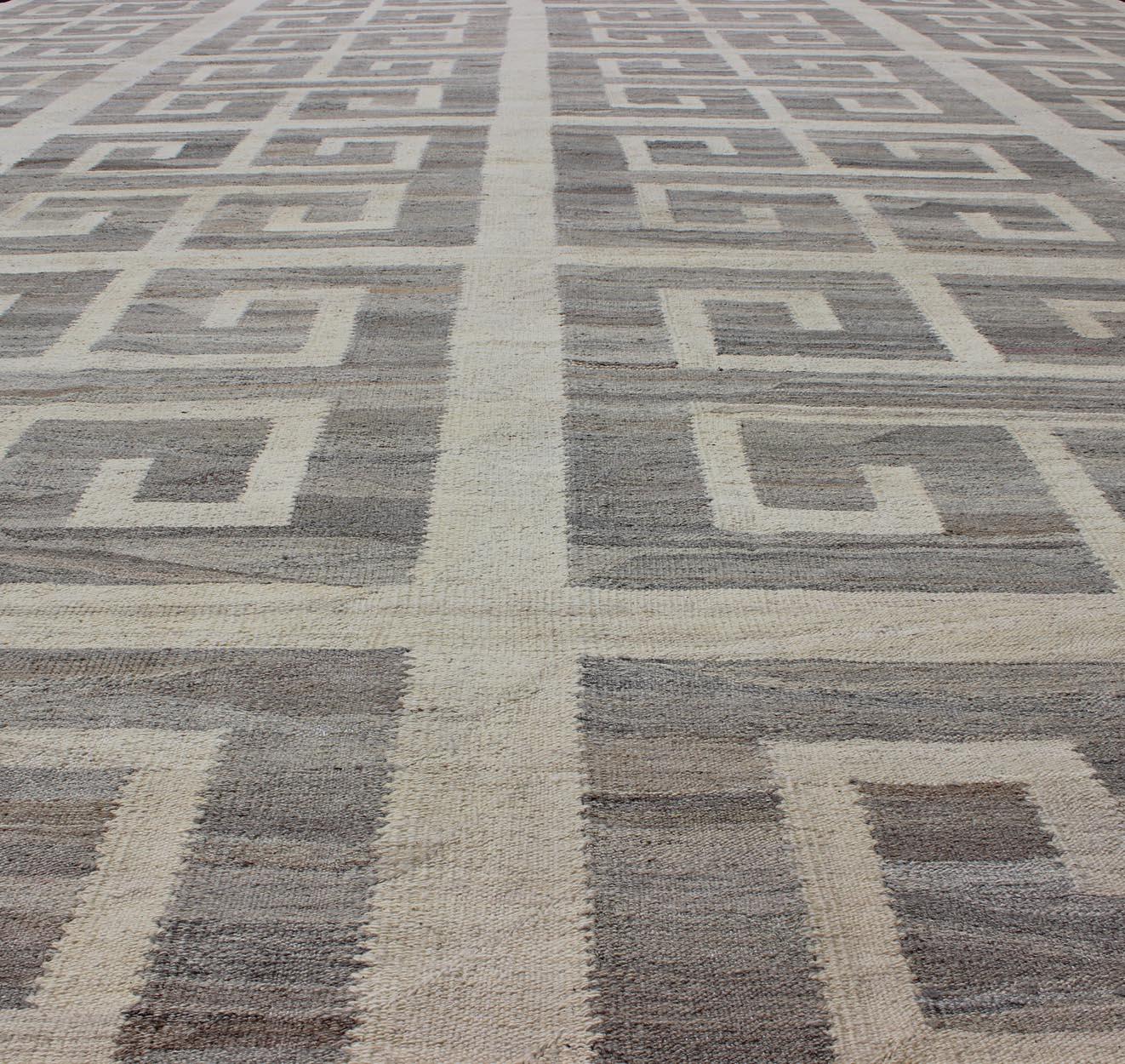 Oversized Modern Kilim with Large Scale Greek Key Design in Cream & Gray Tones For Sale 1