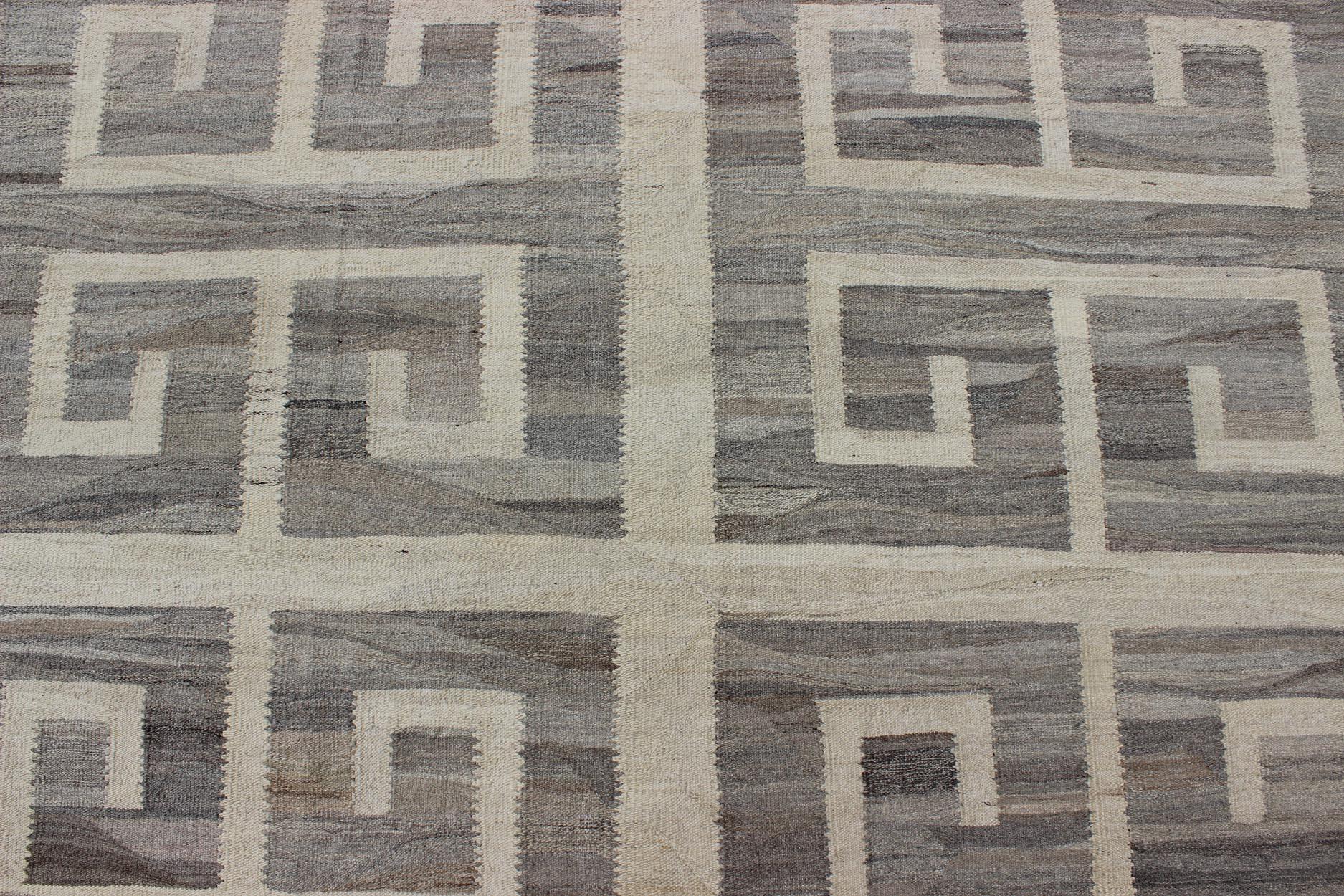 Oversized Modern Kilim with Large Scale Greek Key Design in Cream & Gray Tones For Sale 2