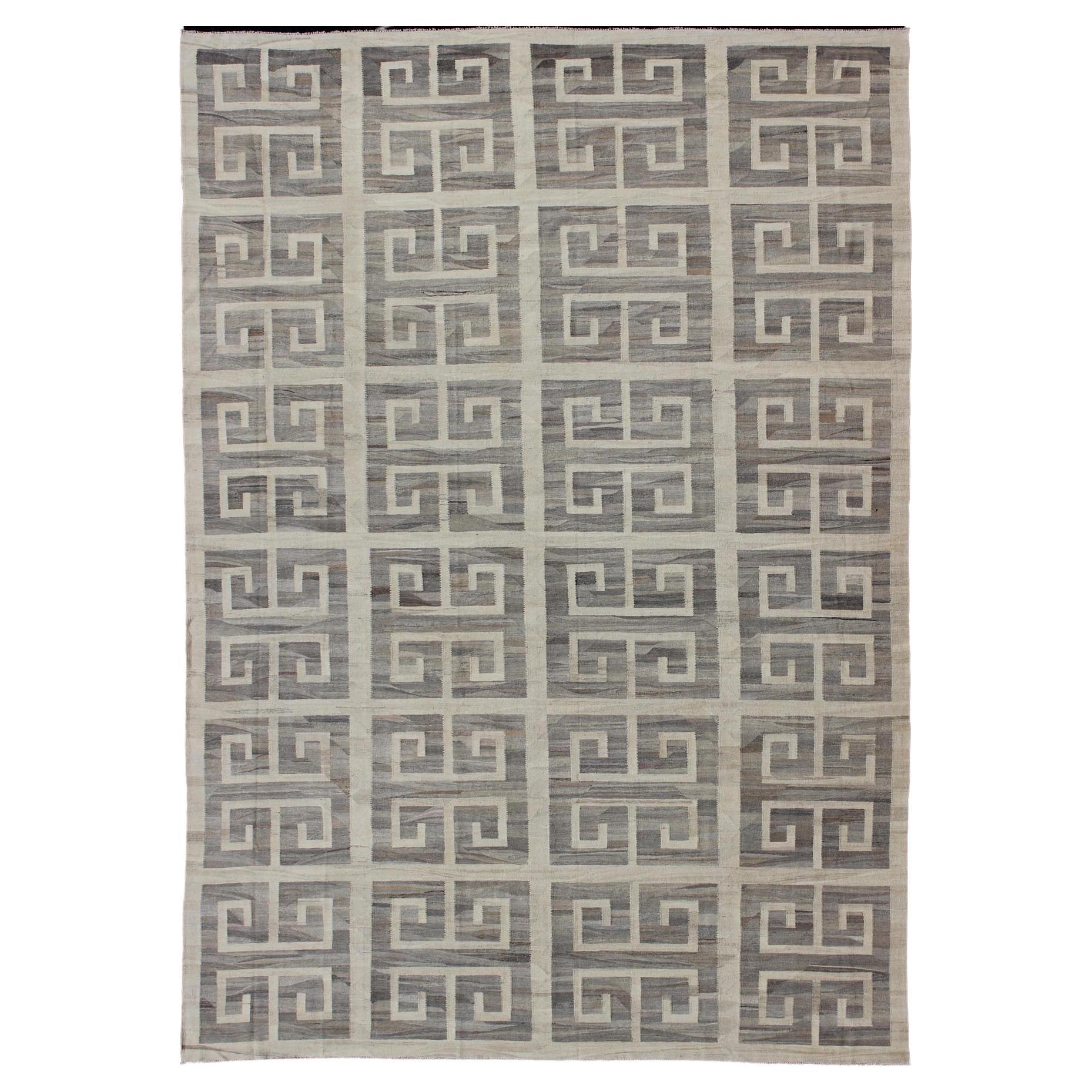 Oversized Modern Kilim with Large Scale Greek Key Design in Cream & Gray Tones For Sale