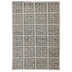 Oversized Modern Kilim with Large Scale Greek Key Design in Cream & Gray Tones
