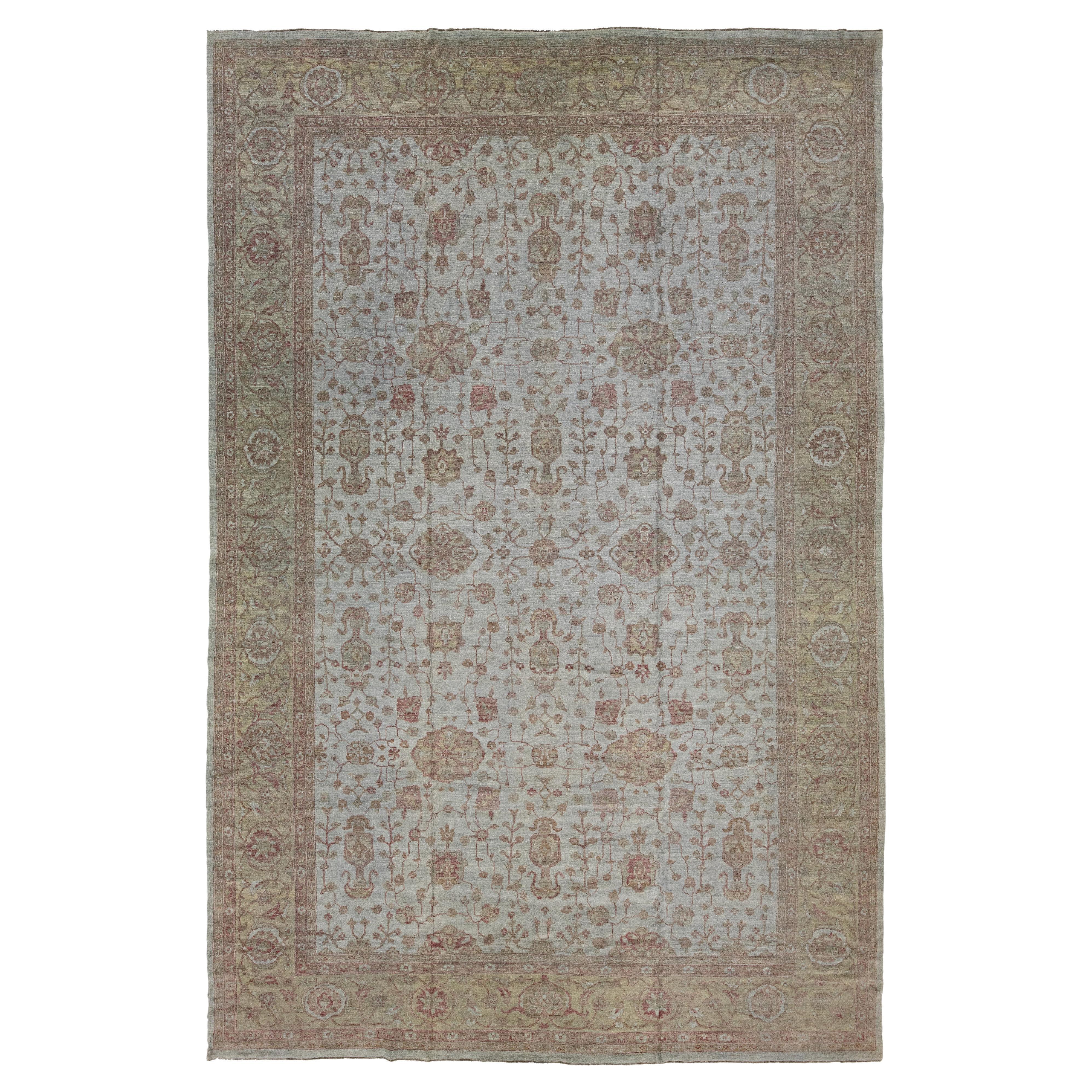 Oversized Modern Oushak Style Gray Wool Rug Features Allover Motif For Sale