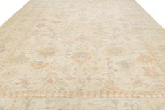 Oversized Modern Oushak Style Hand-Knotted Wool Rug - Pastel Floral Motif 14x18