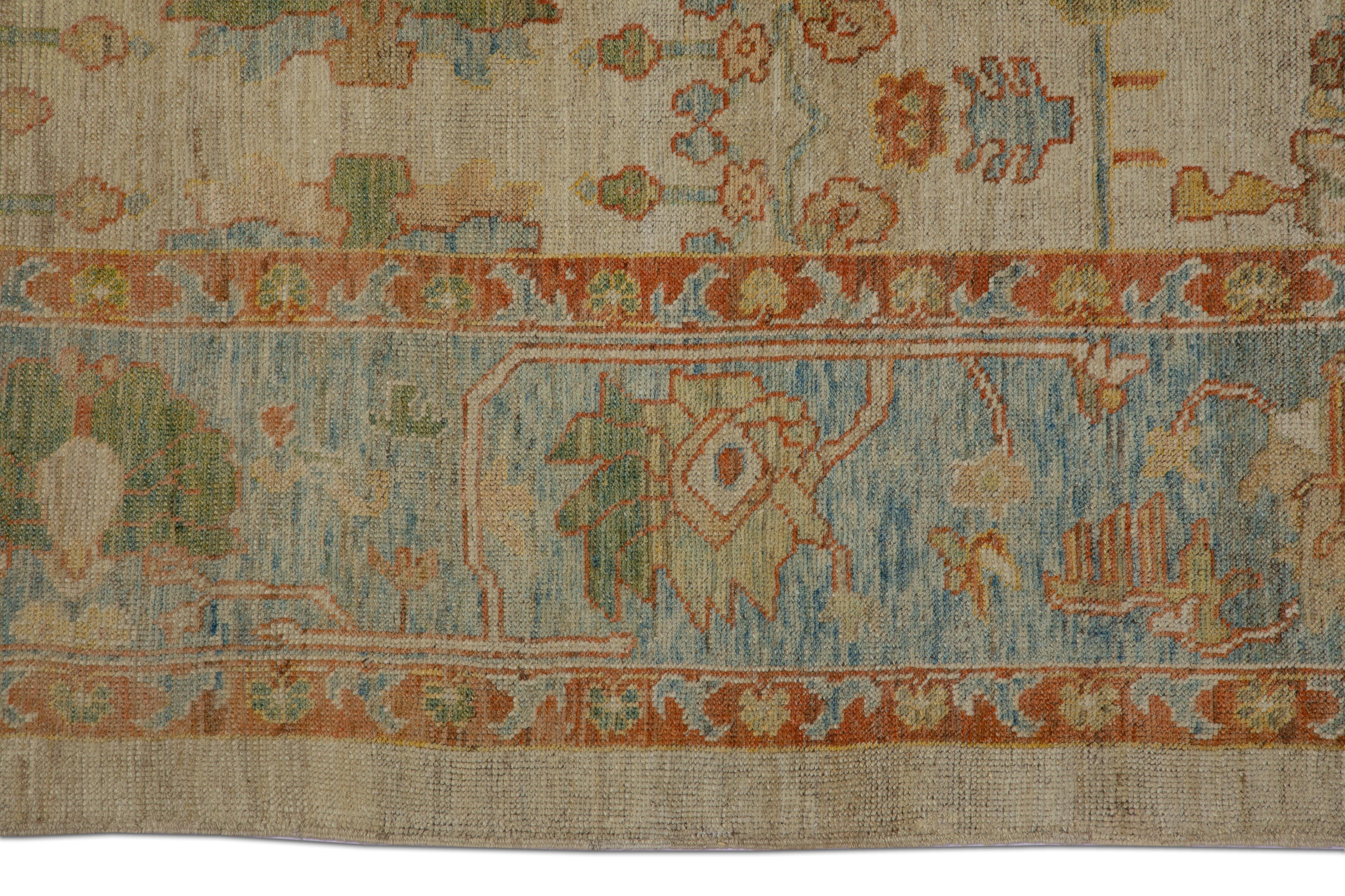 Hand-Woven Oversized Modern Turkish Oushak Rug with Brightly Colored Floral Details For Sale