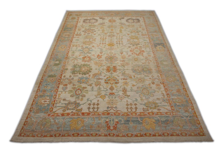 Oversized Modern Turkish Oushak Rug with Brightly Colored Floral Details For Sale at 1stDibs