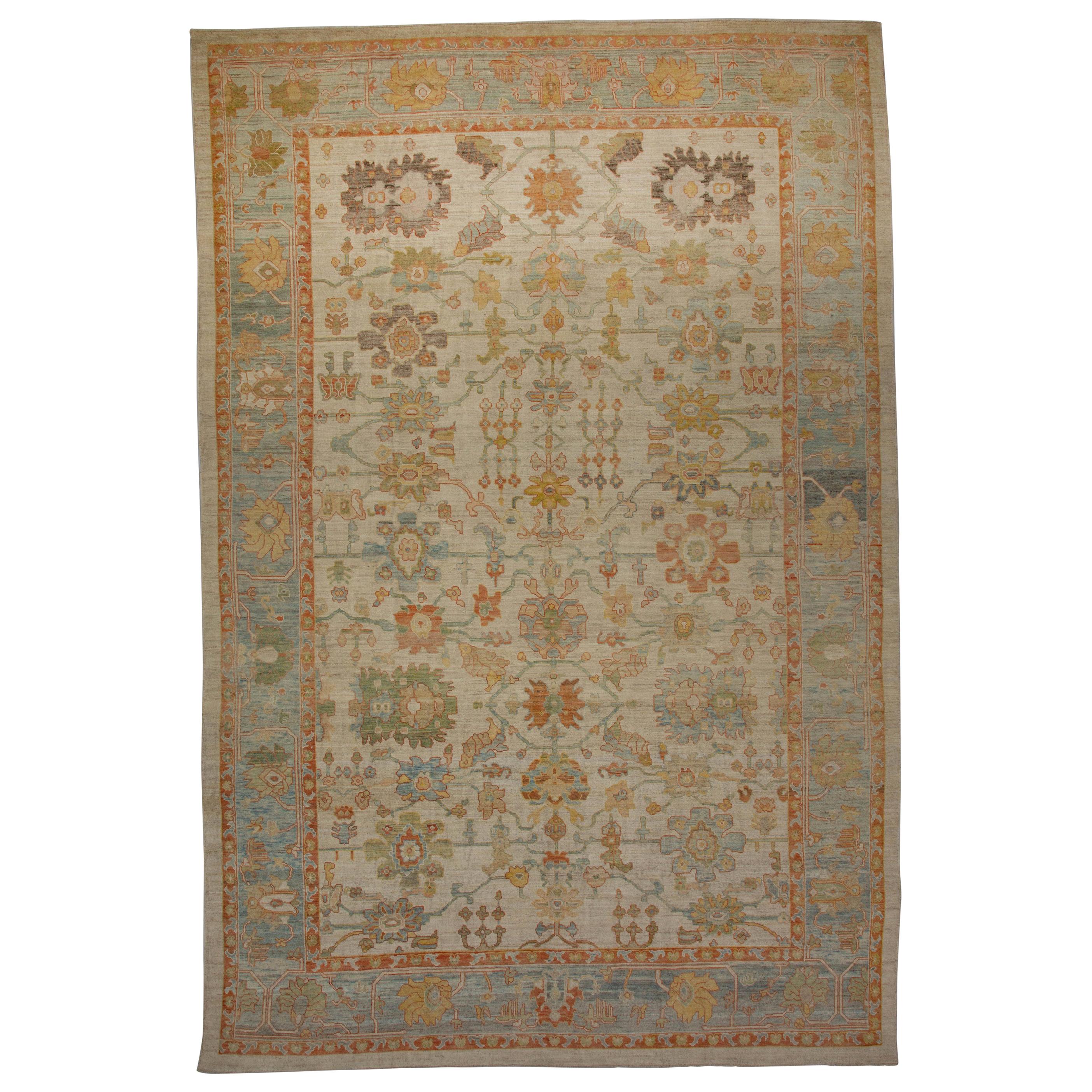 Oversized Modern Turkish Oushak Rug with Brightly Colored Floral Details For Sale