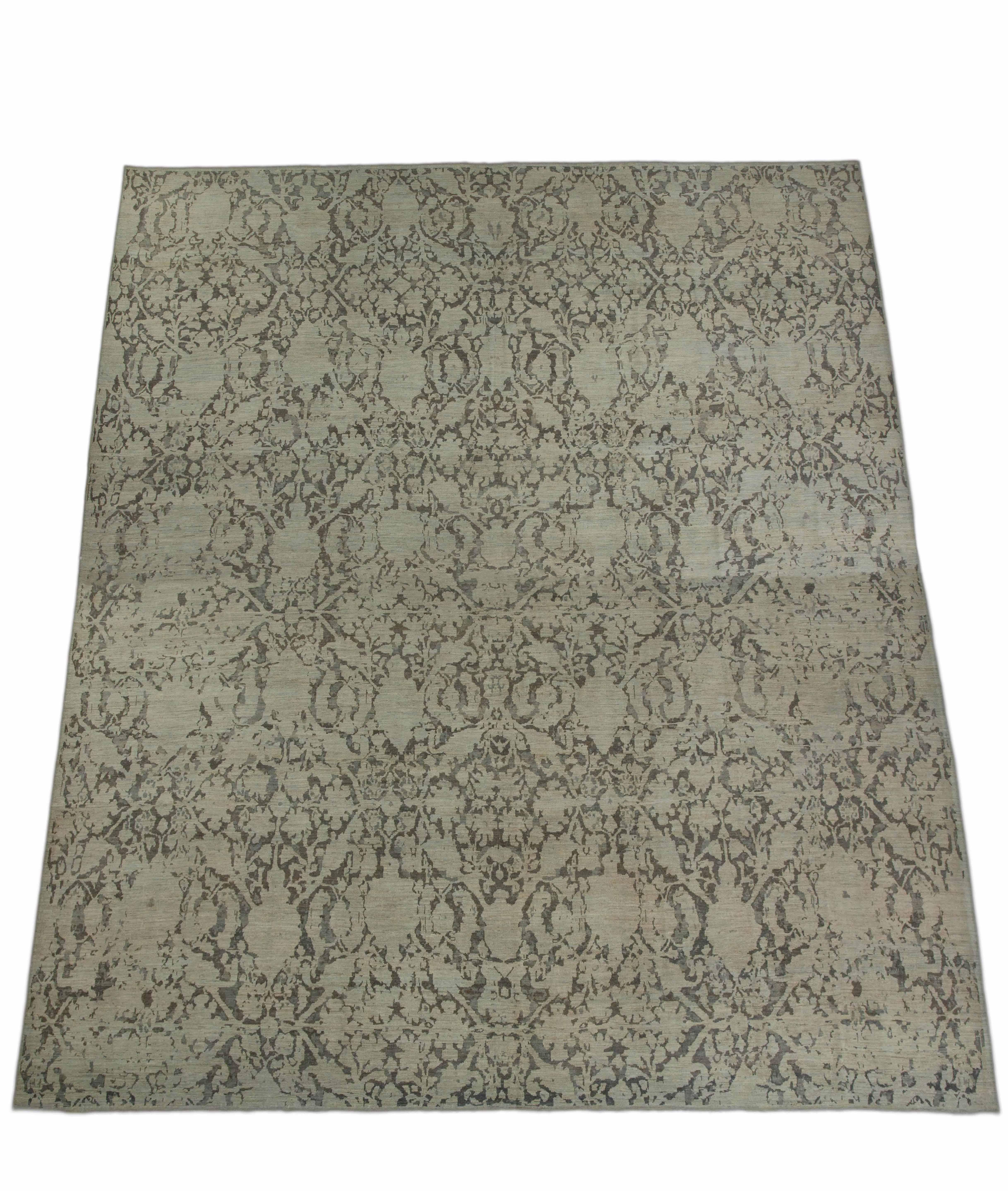 Handmade Turkish area rug from high quality sheep’s wool and colored with eco-friendly vegetable dyes that are proven safe for humans and pets alike. It’s a Classic Sultanabad design showcasing bold black flower patterns over a beige field. It’s a