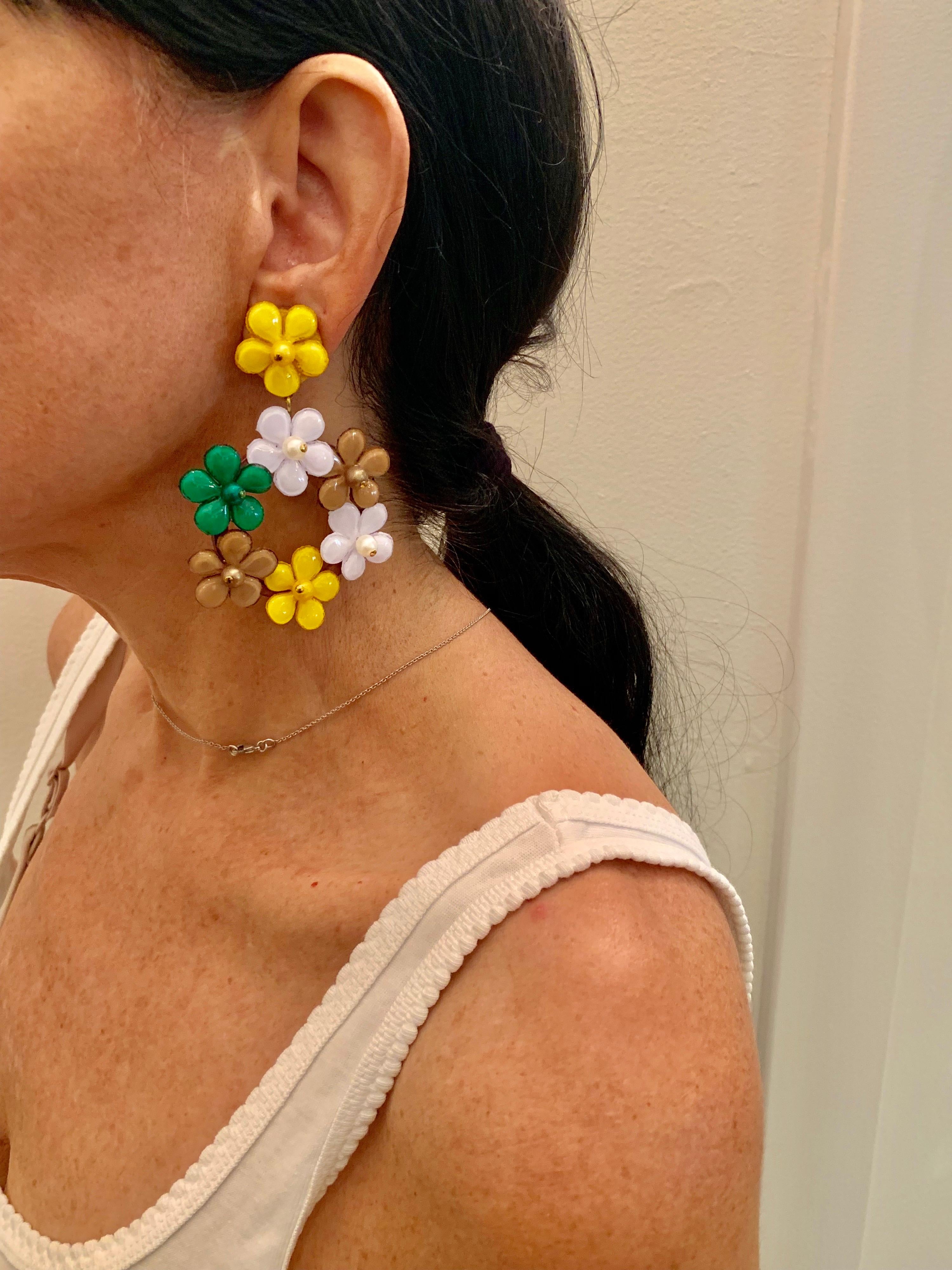 Contemporary Oversized Multicolor Flower Statement Earrings 