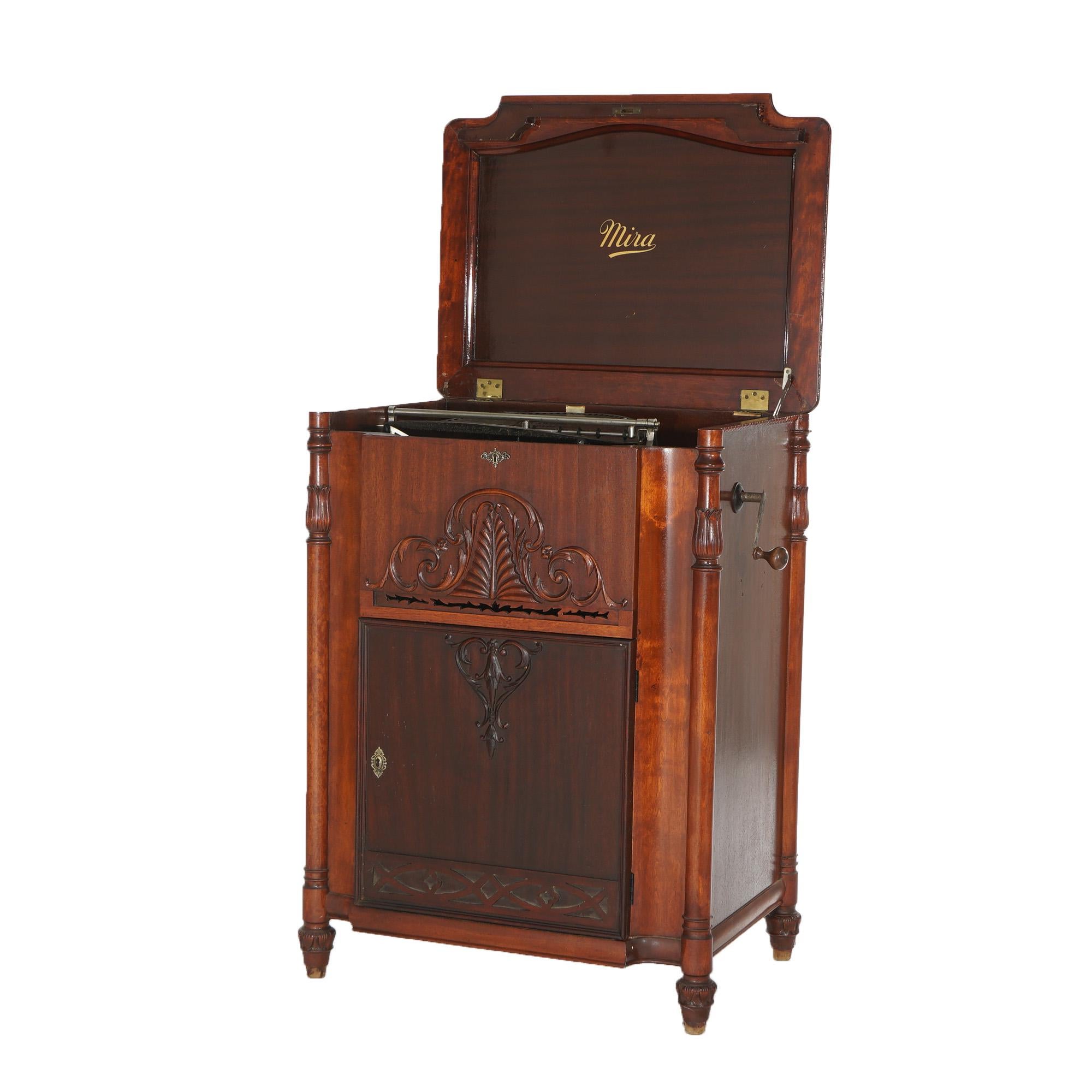 ***Inquire About Reduced In-House Delivery Rates - Reliable Professional Service & Fully Insured***

Large Antique Myra Carved Mahogany Grand Upright Console Music Box with Scroll & Foliate Decoration & 33 Discs c1890

Measures - 40.75