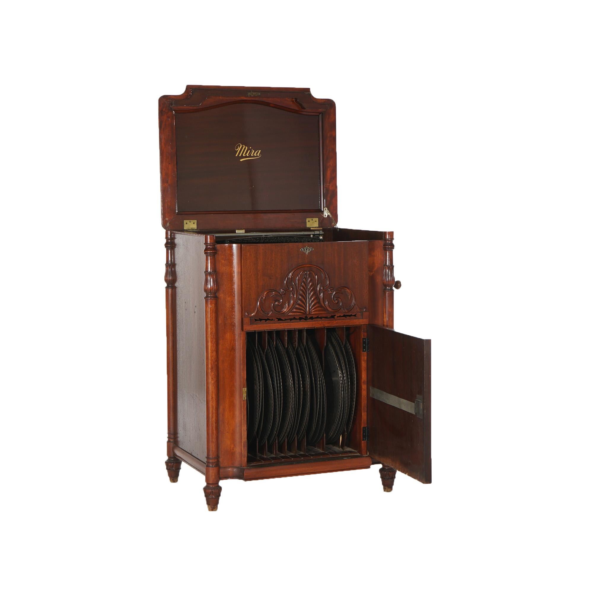 Oversized Myra Carved Mahogany Grand Upright Console Music Box & 33 Discs c1890 In Good Condition In Big Flats, NY