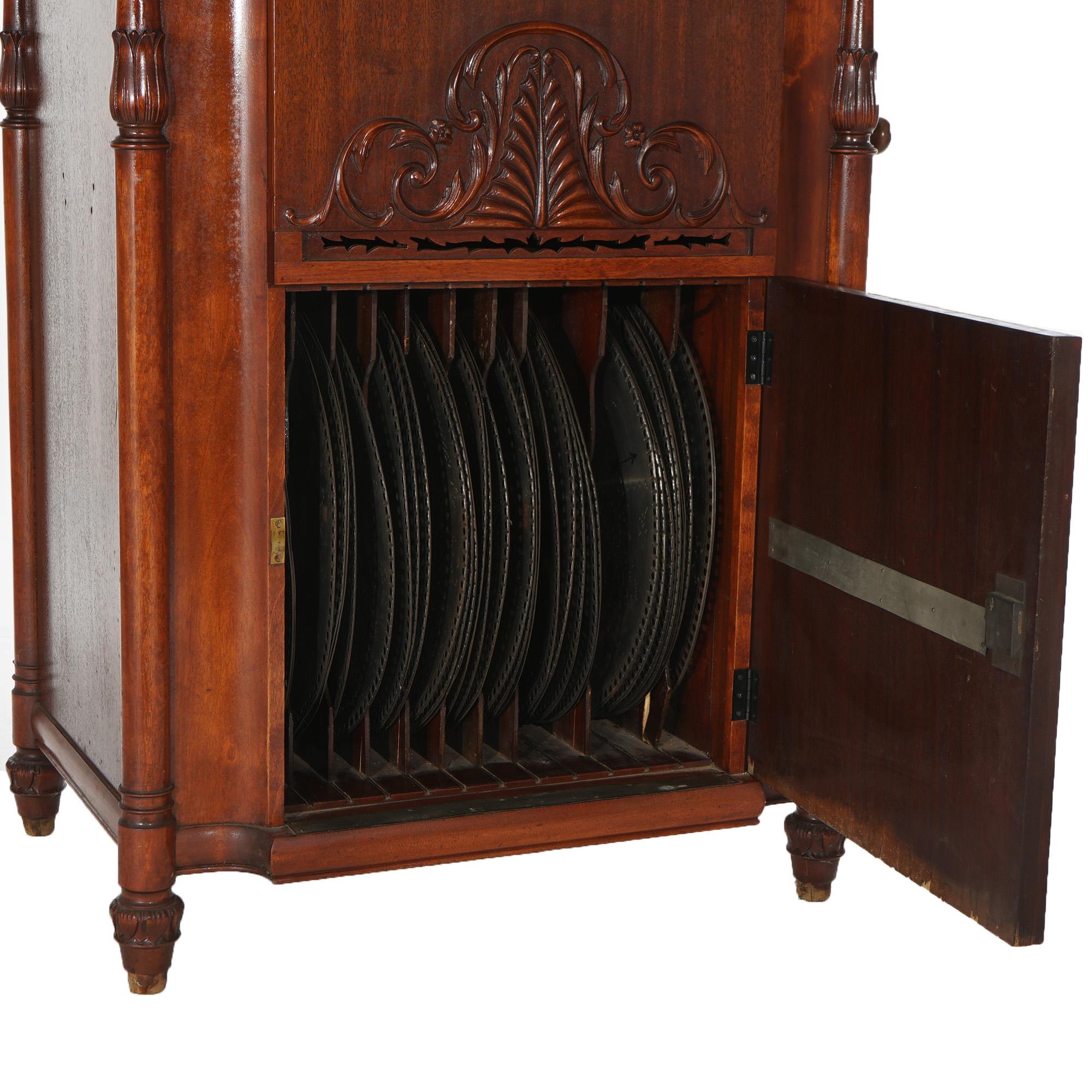 19th Century Oversized Myra Carved Mahogany Grand Upright Console Music Box & 33 Discs c1890