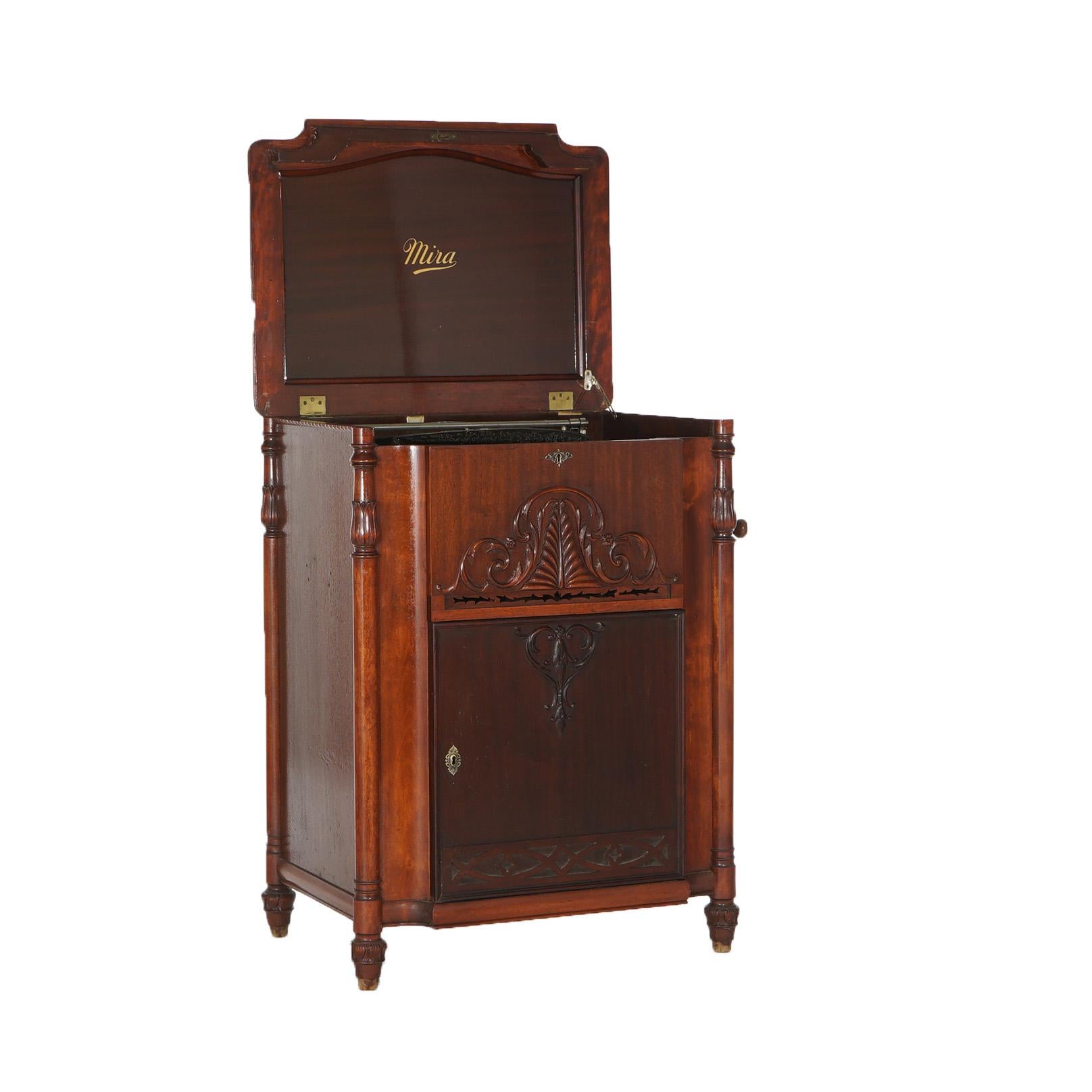 Metal Oversized Myra Carved Mahogany Grand Upright Console Music Box & 33 Discs c1890
