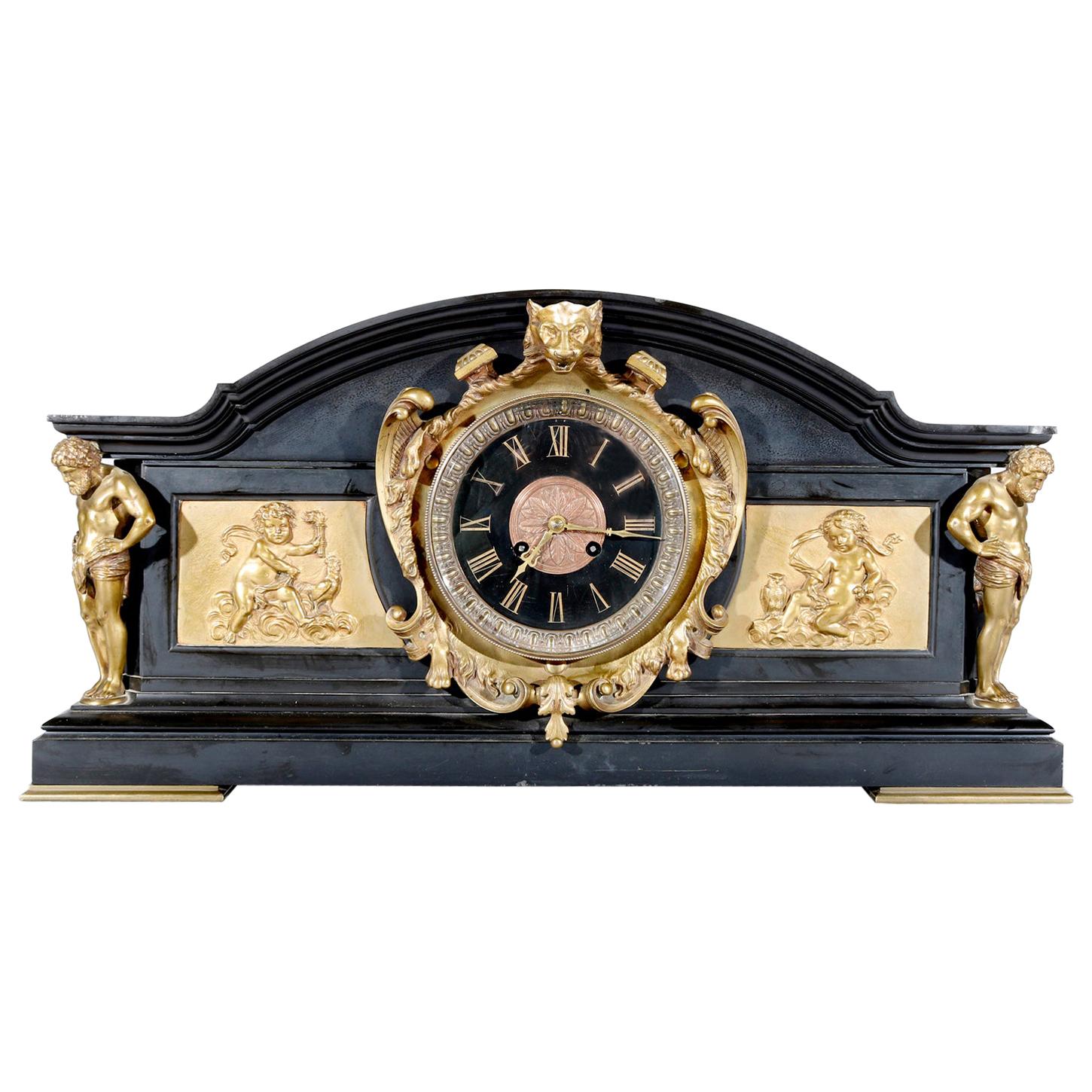 Oversized Large Baroque Figural Bronze and Slate Mantle Clock, Atlas Mounts