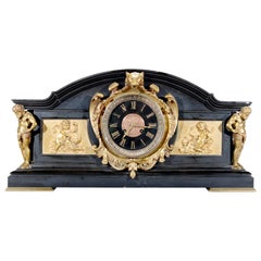 Antique Oversized Large Baroque Figural Bronze and Slate Mantle Clock, Atlas Mounts