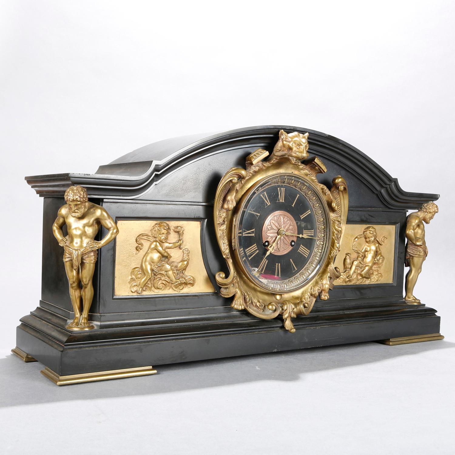 An antique and oversized Neoclassical into Baroque mantel clock offers domed slate case in architectural form with cast bronze Atlas caryatid supports, central face having Roman Numerals and scrolled foliate surround with lion head finial and