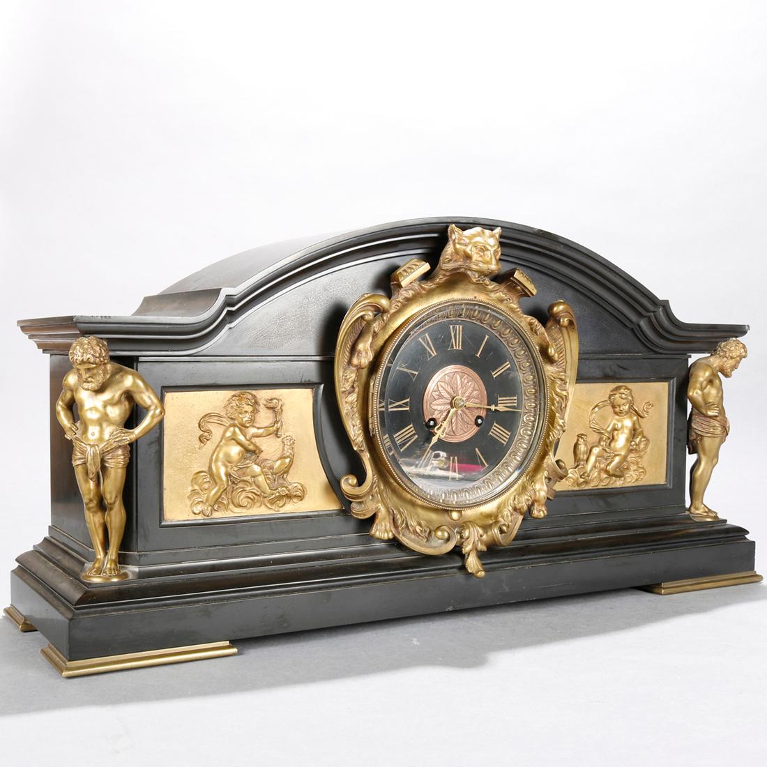 Neoclassical Oversized Large Baroque Figural Bronze and Slate Mantle Clock, Atlas Mounts