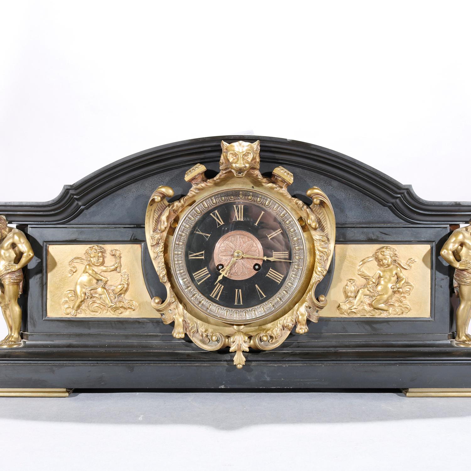 French Oversized Large Baroque Figural Bronze and Slate Mantle Clock, Atlas Mounts