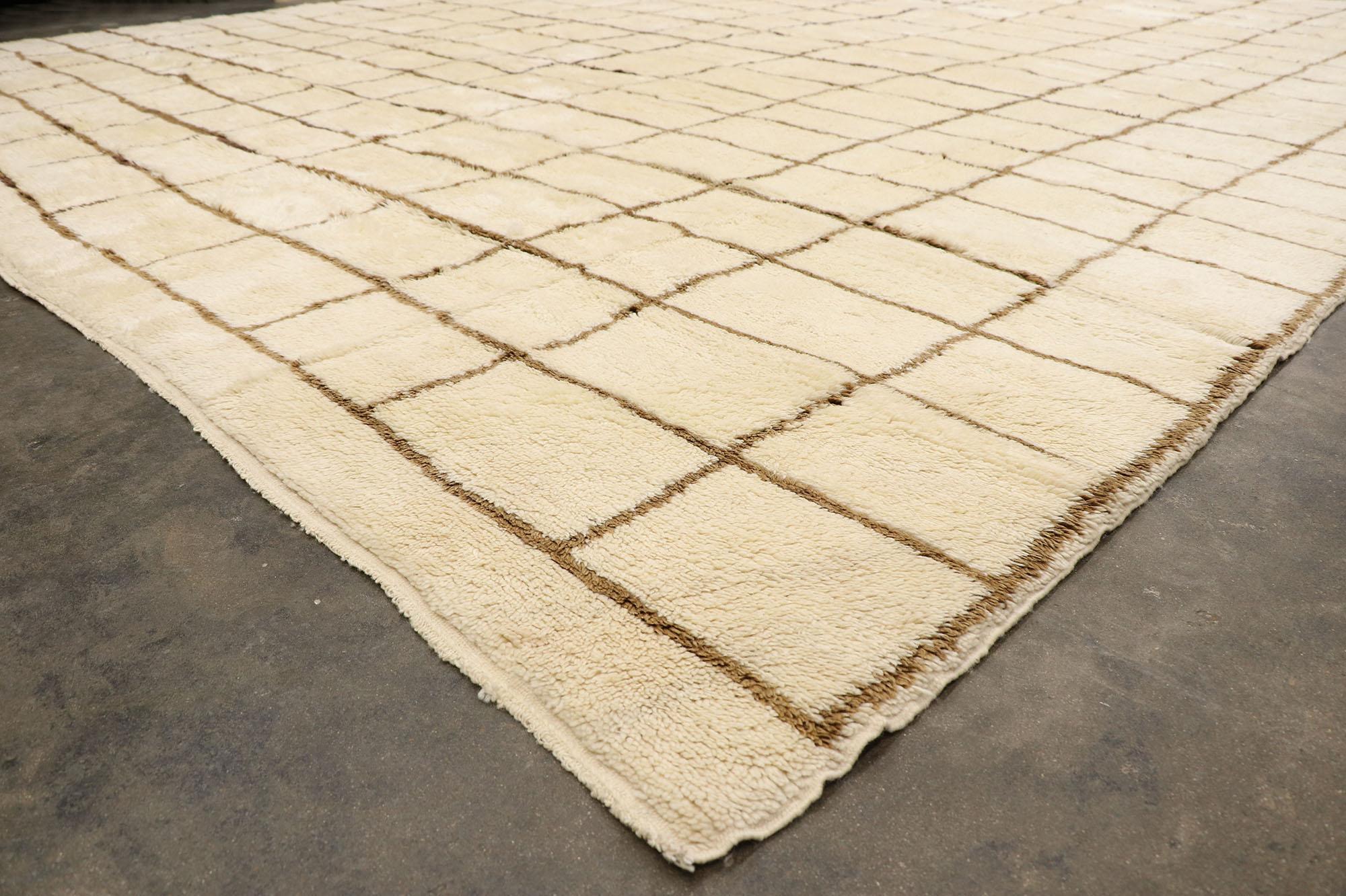 Contemporary Oversized Neutral Berber Moroccan Rug, Cozy Hygge Meets Minimalist Shibui For Sale