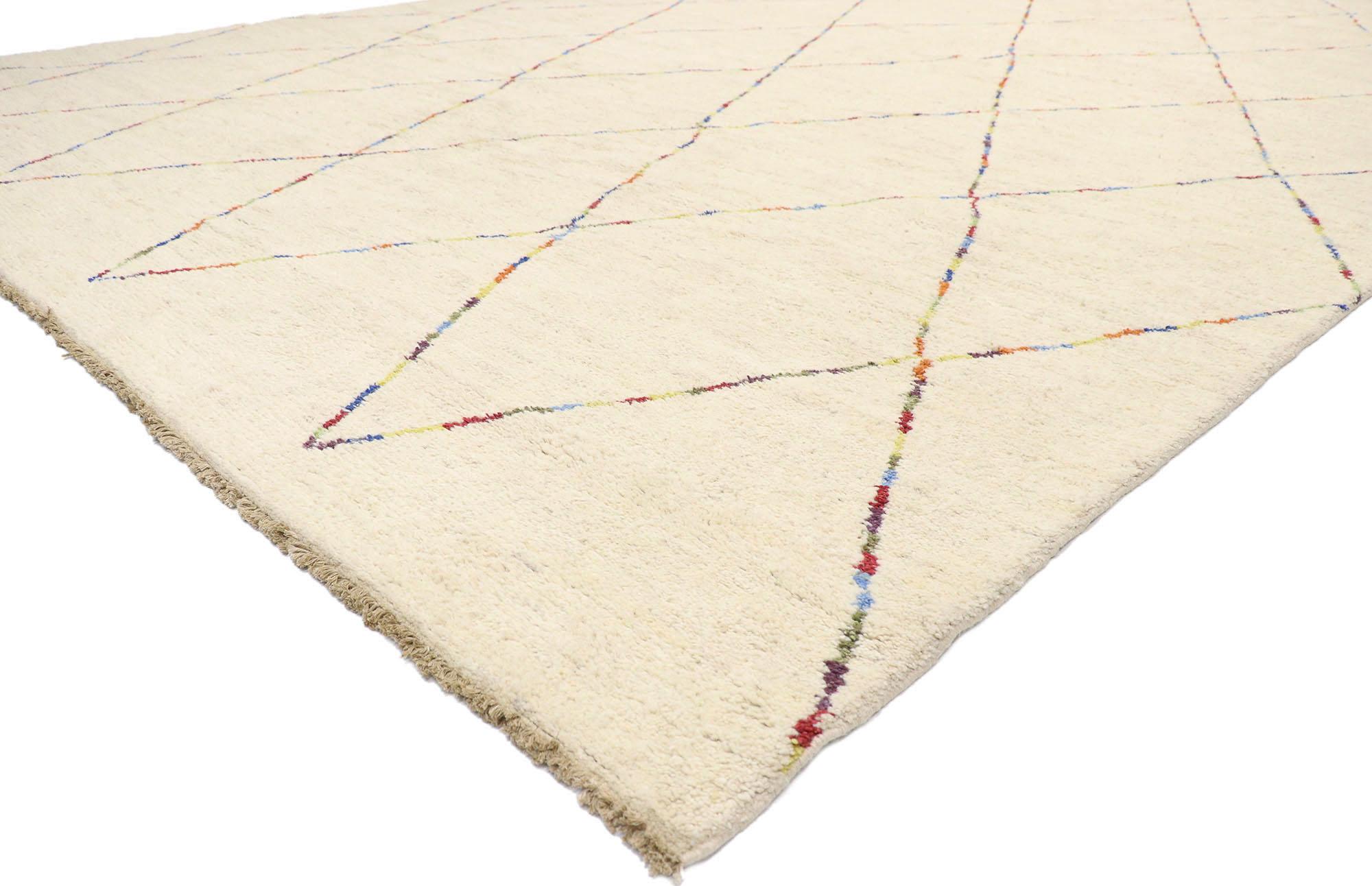 80436 Oversized Moroccan Rug - Hospitality Sized Carpet, 12'03 x 19'11. 
Minimalist Bohemian meets colorfully curated in this hand knotted wool oversized Moroccan rug. The intricate diamond silhouette and happy hues woven into this piece work