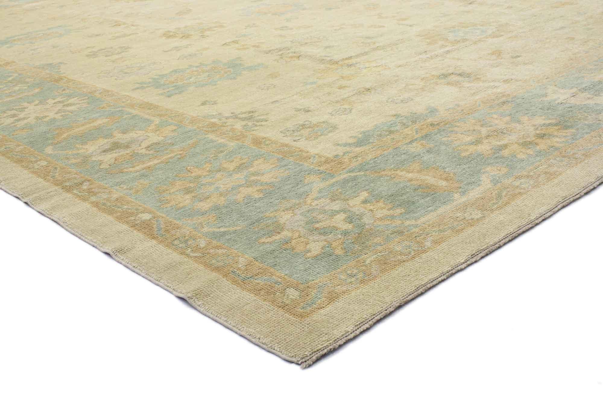 50731 New large Turkish Oushak rug, 12'10 x 15'08. With its soft colors, incredible detail and texture, this hand knotted wool Turkish Oushak rug is a captivating vision of woven beauty. The timeless botanical design and tranquil hues woven into