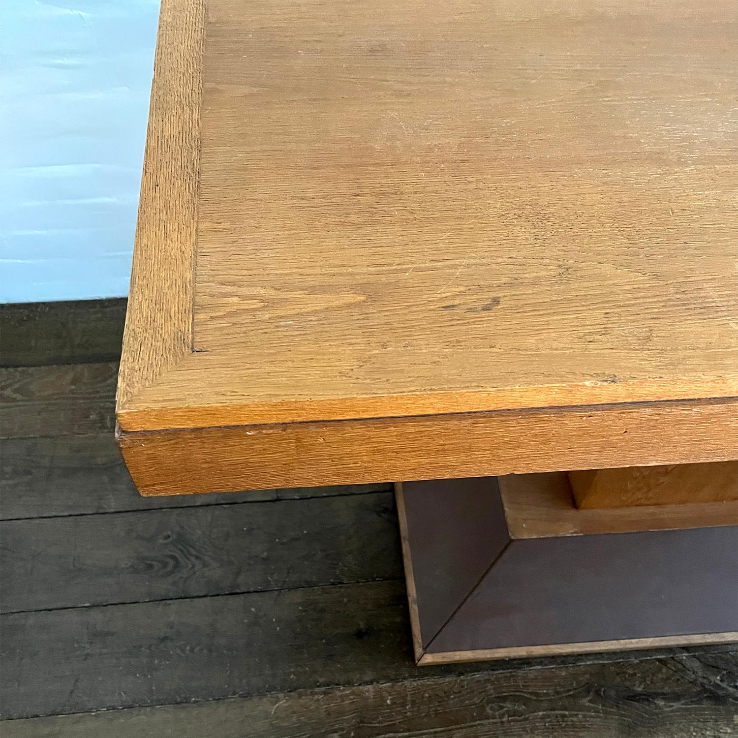 Oversized Oak and Leather French Console circa 1940's In Good Condition For Sale In New York, NY